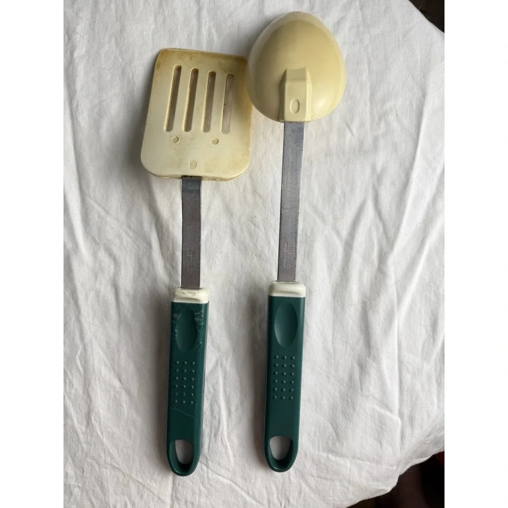 Vintage Green Beige Slotted Spatula And Spoon